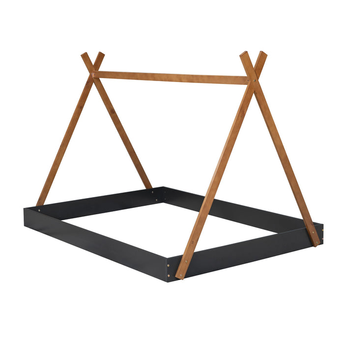 Full Size Tent Floor Bed With Triangle Structure, Low Profile Design - Black / Brown