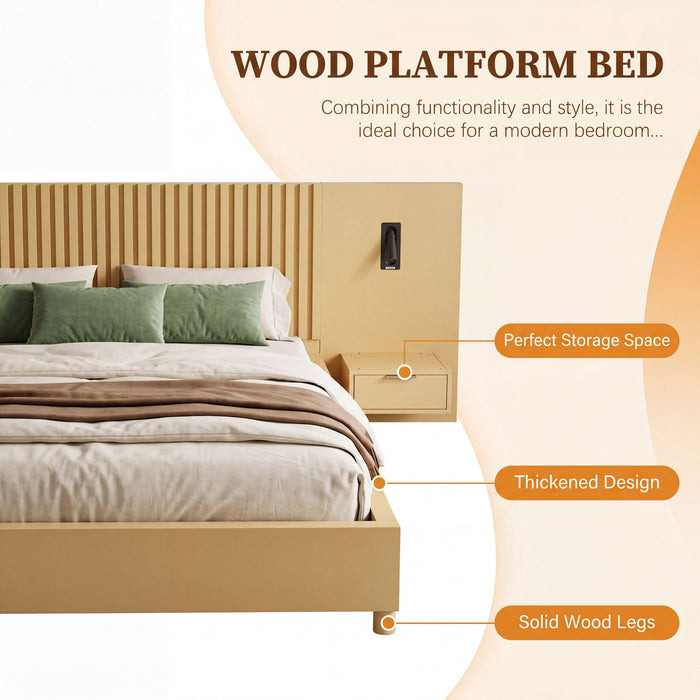 Platform Bed Frame With Built In Nightstands & Reading Lights