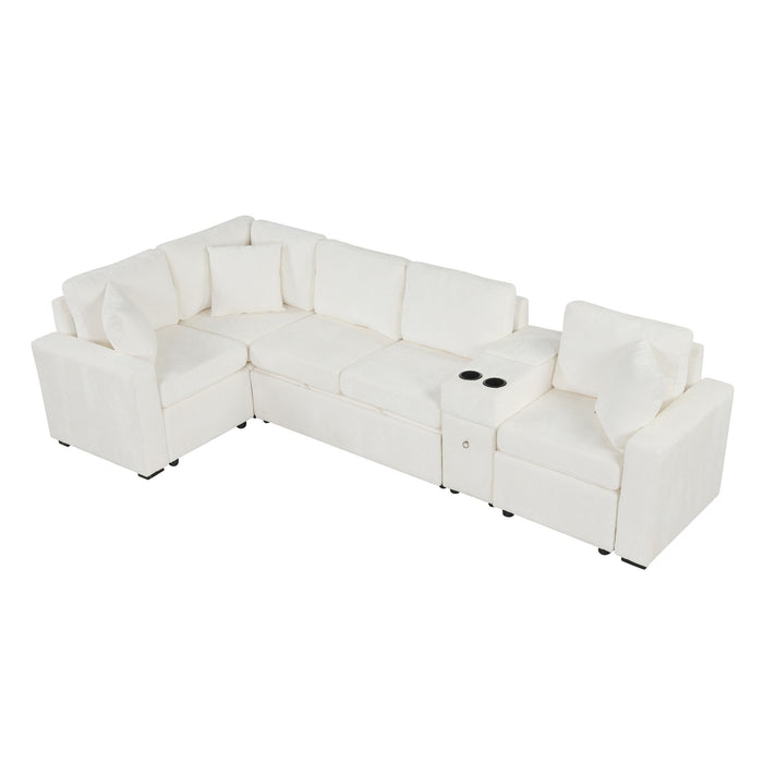 Contemporary L Shaped Convertible Sofa Bed With Pull Out Bed, Cup Holders, And Storage