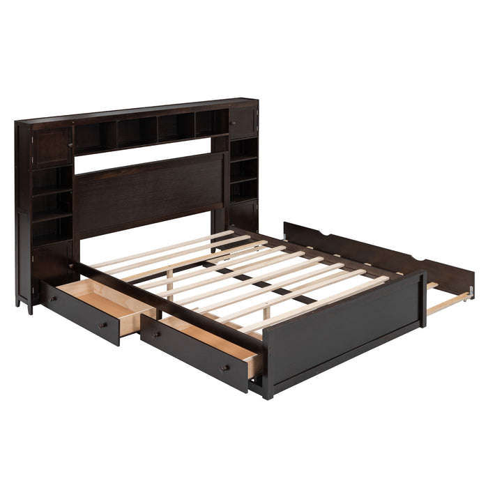 Queen Size Wooden Bed With All In One Cabinet, Shelf And Sockets, Espresso