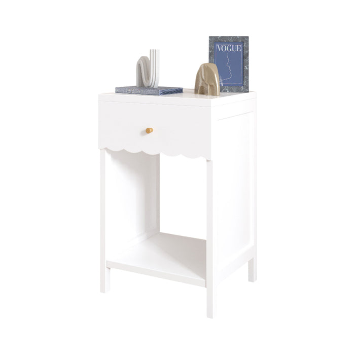 Nightstand With Drawer And Open Shelf, Scalloped Edge Bedside Table For Bedroom - White
