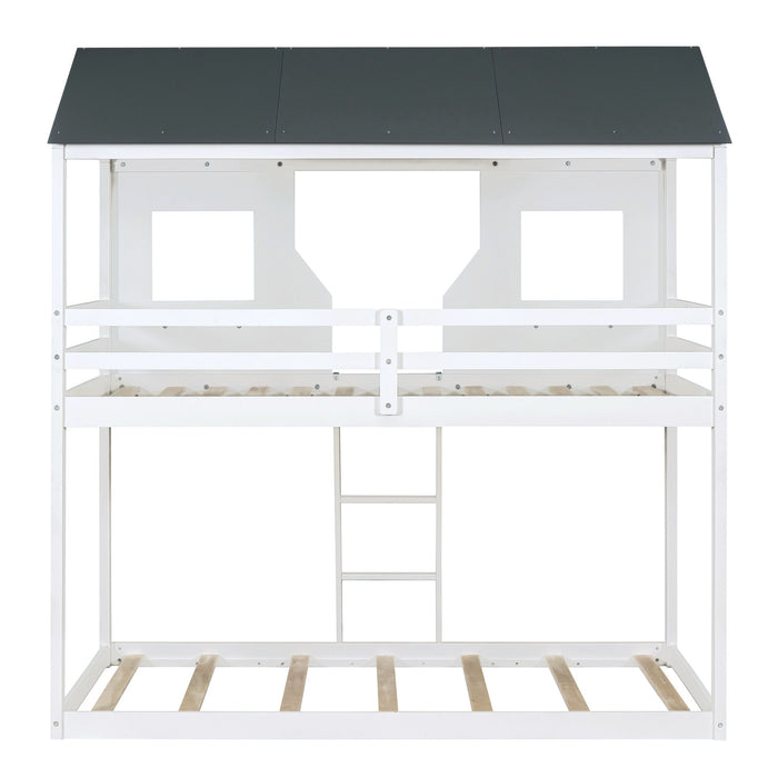 Twin Over Twin Bunk Bed With Roof, Window, Guardrail, Ladder