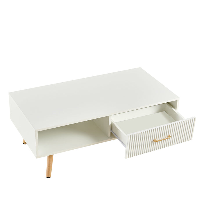 Modern Rectangle Coffee Table With Legs, Sliding Drawer For Storage - White