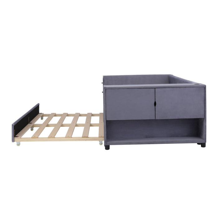 Upholstered Bed With Storage And Twin Trundle, USB Charging Ports