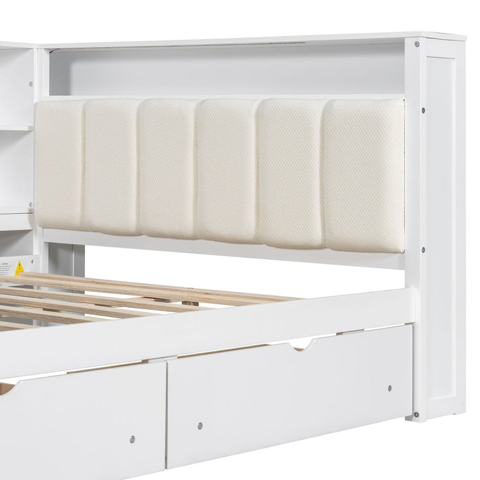 Platform Bed With Upholstered Headboard, Storage Shelves, Drawers, Charging Station, LED Lighting, Built In Desk