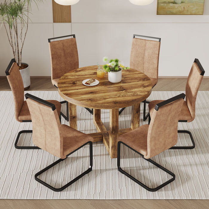 A Modern And Practical Circular Dining Table. Made Of MDF Tabletop And Wooden MDF Table Legs. 6 Piece Technology Cloth High Backrest Cushion Side Chair, C-Shaped Tube Black Metal Legs