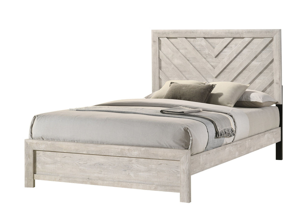 Full Size Bed Rustic Beige Gray Finish Wooden Bedroom Furniture Geometric Design Chevron Pattern