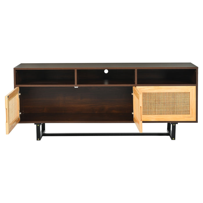Trexm Retro Rattan TV Stand 3 Door Media Console With Open Shelves For TV Stand Under 75" (Walnut)