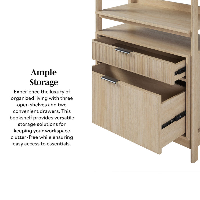 Transitional Wide Reeded Bookshelf With Drawers On Bottom