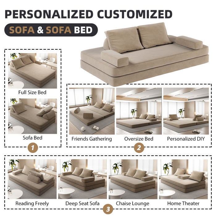 Multifunctional Convertible Sofa Bed With 2 Tumbler Backrests And 2 Pillows, Deep Seat Couch