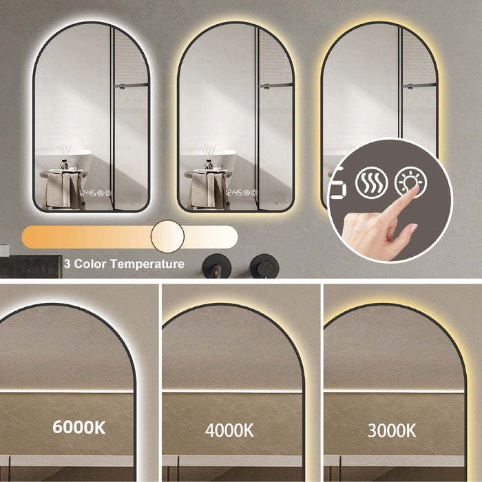 Arched LED Vanity Mirror With Time & Temperature Display, Anti-Fog, Dimmable Backlight In Frame, 3 Color Temperatures