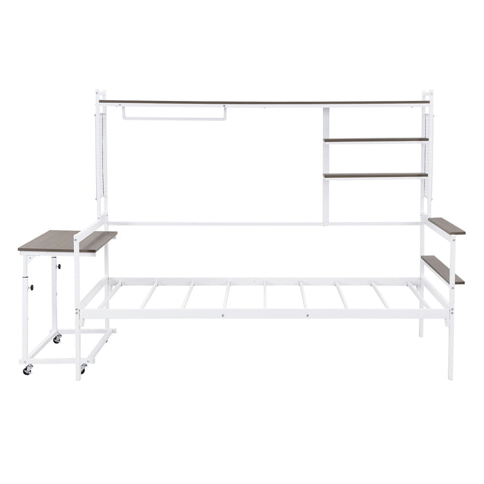 Daybed With Movable Desk, Grid, Shelves And Clothes Hanger
