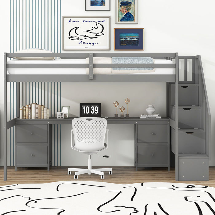 Loft Bed Frame With Built In Desk And Double Storage Drawers