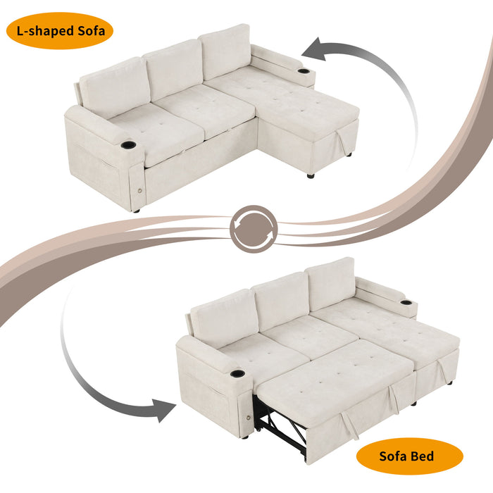 Convertible L Shaped Sofa Couch With Storage, Cup Holders, USB Ports
