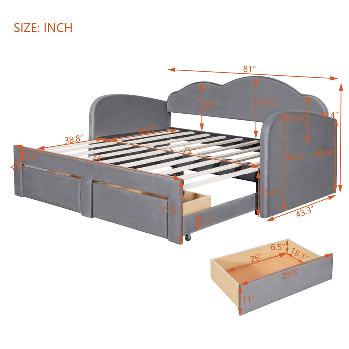 Upholstered Daybed With Cloud-Shaped Backrest, Trundle & 2 Drawers And USB Ports