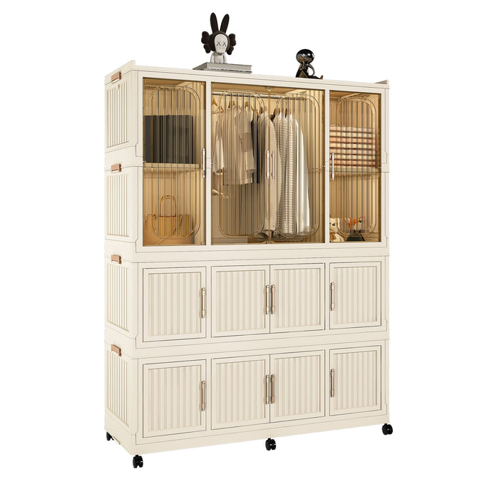 Portable Wardrobe Closet Storage Organizer With 12 Magnetic Doors, 12 Cubes, Hanging Rod & 6 Hangers - Creamy White