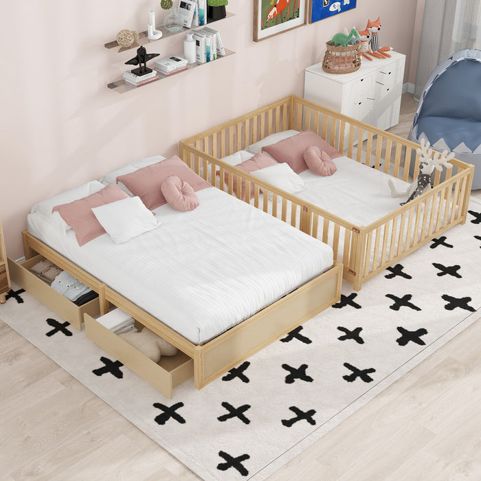 Daybed With Fence Guardrails And 2 Drawers, Split Into Independent Floor Bed & Daybed