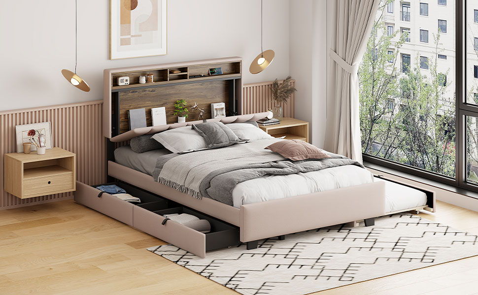 Upholstered Platform Bed With Storage Headboard, Trundle & 2 Drawers And A Set Of Sockets & USB Ports