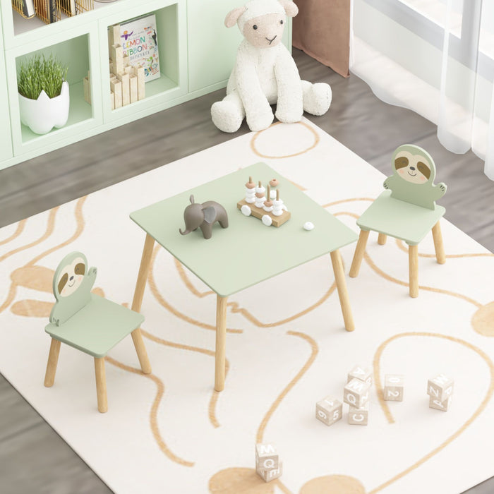 Sloth Themed Table And Chair Set With 2 Cute Animal Chairs - Natural Wood / Sage Green