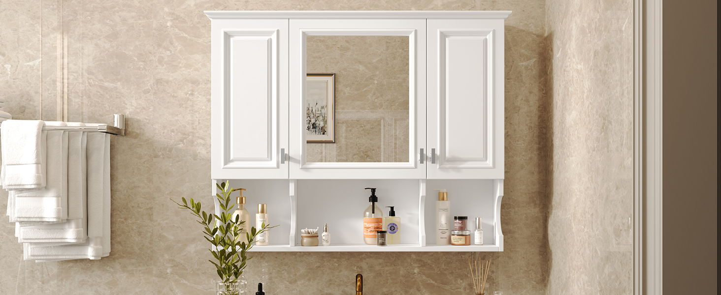 Wall Mounted Bathroom Medicine Wall Cabinet With Mirror & Open Shelves