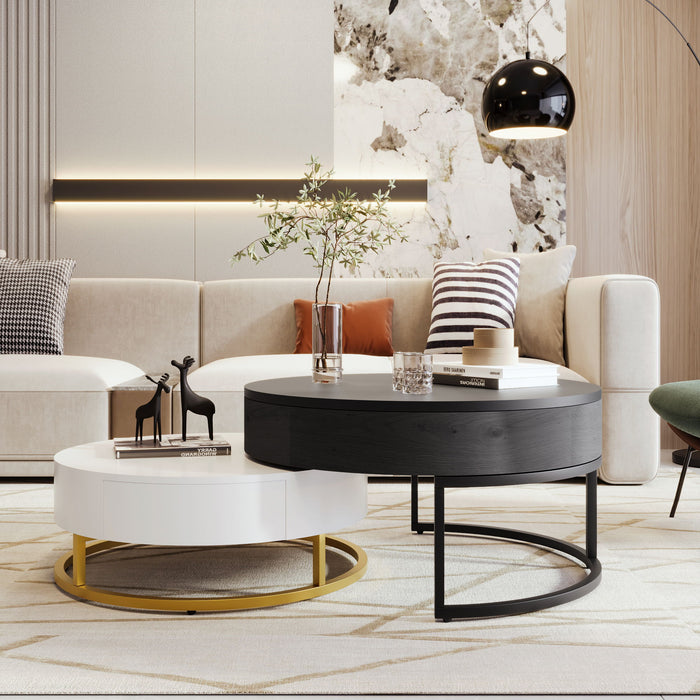 Modern Round Lift-Top Nesting Coffee Tables With 2 Drawers