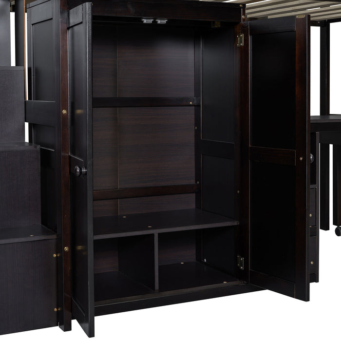 Loft Bed With Stairs, Bookshelf, Drawers, Desk & Wardrobe, Space Saving Multifunctional Furniture