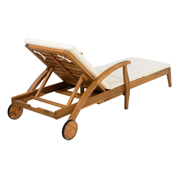 Versatile Chaise Lounge With Wheels Acacia Wood Recliner For Patio - Cream