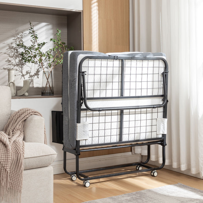 Foldable Metal Frame Bed For Guest With Memory Foam Mattress On Wheels, Saving Space Rollaway Bed