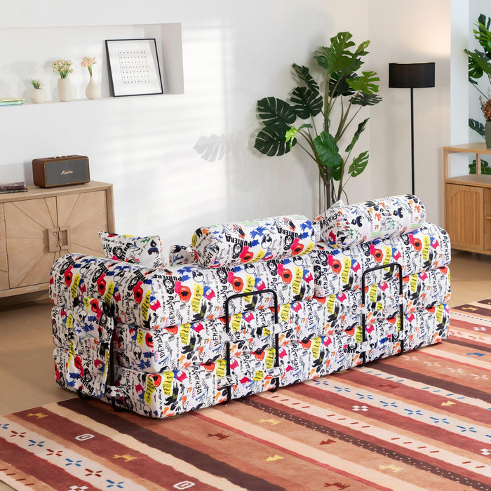 Pop Graffiti Printed Convertible Sleeper Sofa Bed, Foldable Multi Functional Couch For Living Room - White