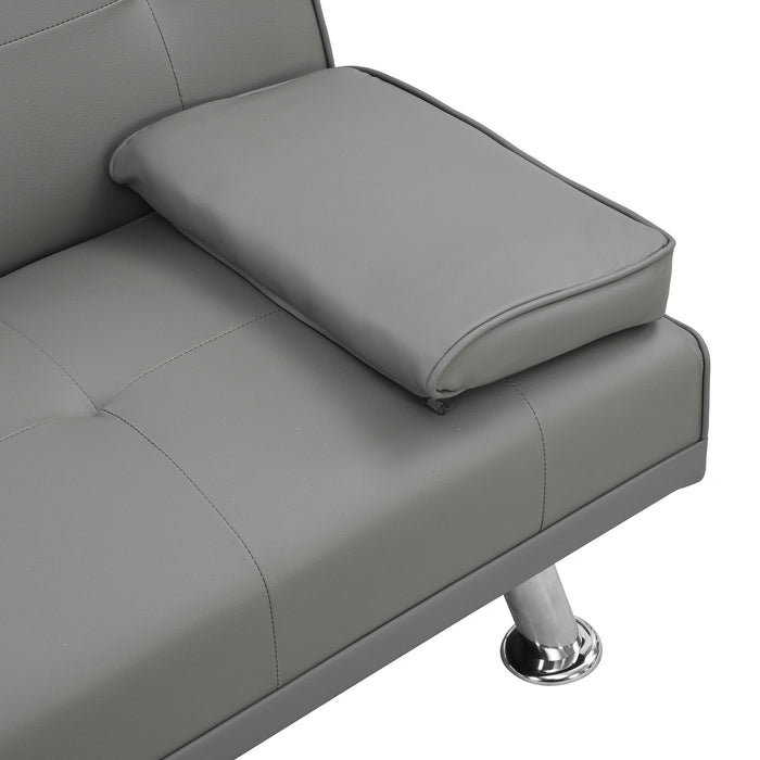 Sofa Bed With Armrest Two Holders Wood Frame, Stainless Leg Futon - Gray