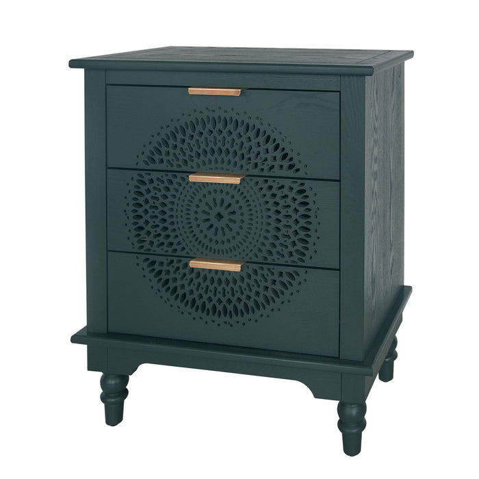 Hollow Carved 3 Drawer Dresser With Metal Handles, Storage Chest For Living Room Or Bedroom - Blackish Green