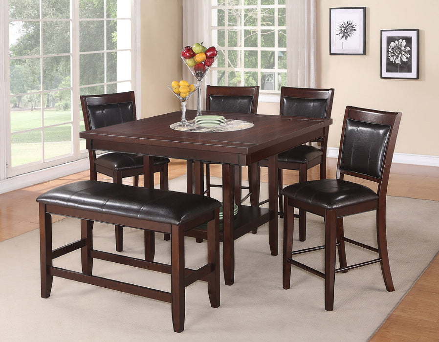 6 Pieces Dining Set Contemporary Farmhouse Style Counter Height 20" Lazy Susan Dark Brown Espresso Finish Faux Leather Upholstered Chairs Bench Wooden Wood Veneers Solid Wood Dining Room Furniture