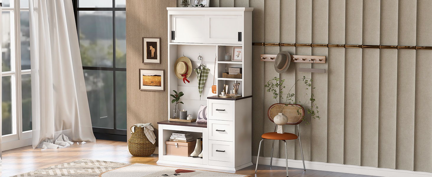 Modern Wide Hall Tree With Coat Rack, 3 Shelves And Drawers, 3 Sturdy Hooks