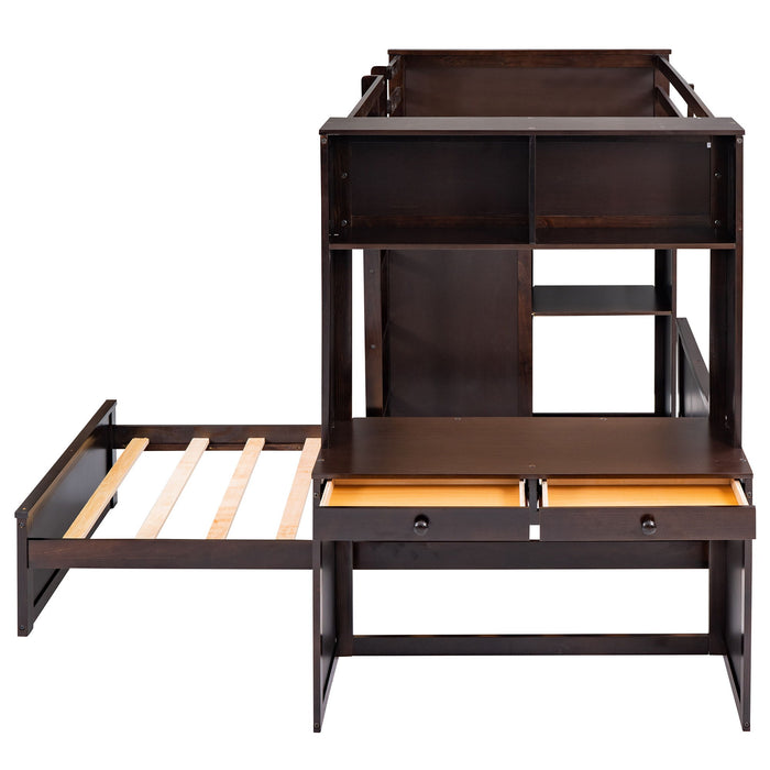 Loft Bed With A Stand Alone Bed, Shelves, Desk, And Wardrobe