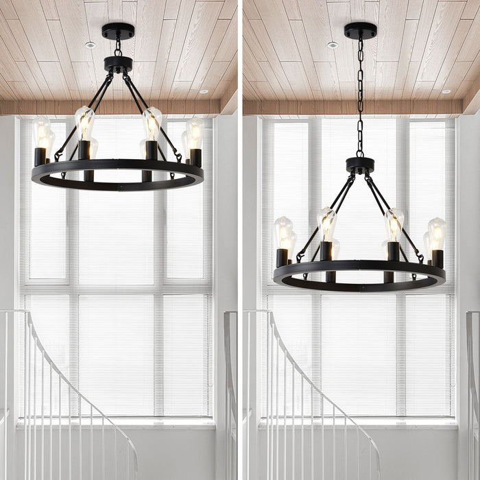 6 Light (No Bulbs) Wagon Wheel Chandelier Farmhouse Modern Small Round Chandelier For Living Room Kitchen Island Foyer Hallway Entryway Bedroom Dining Room Light Fixture Ceiling Hanging - Matte Black