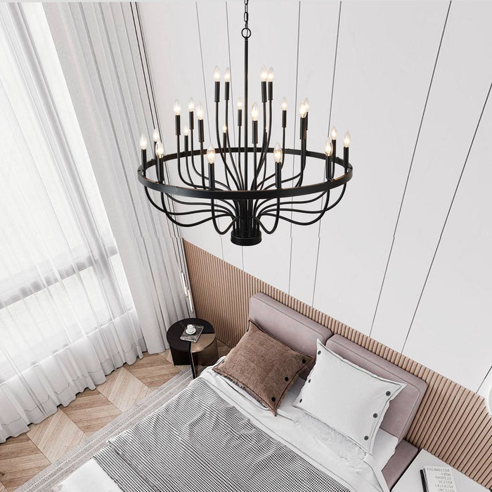 24 Light Chandelier Industrial Iron Candle Chandelier Modern Suspended Farmhouse Chandeliers Pendant Light Fixtures For Dining Room Bedroom Living Room Kitchen Island Foyer E12 Bulb (No Include) - Black