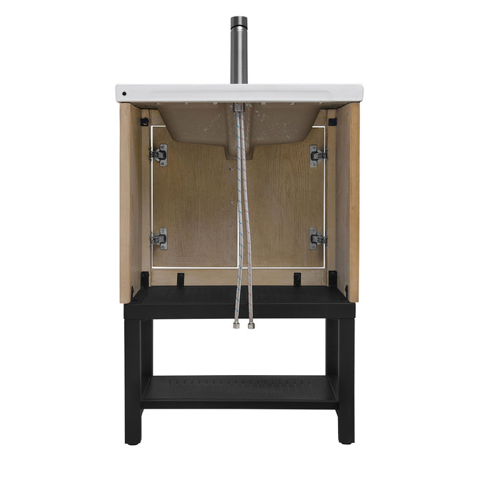 Modern Freestanding Bathroom Vanity With Ceramic Sink, Hot And Cold Faucet, Storage Cabinet & Open Shelf