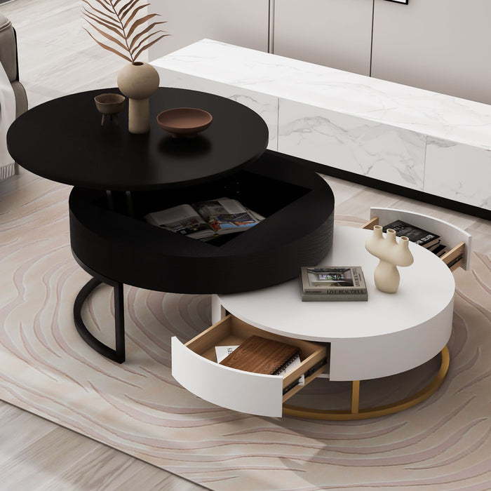 Modern Round Lift-Top Nesting Coffee Tables With 2 Drawers