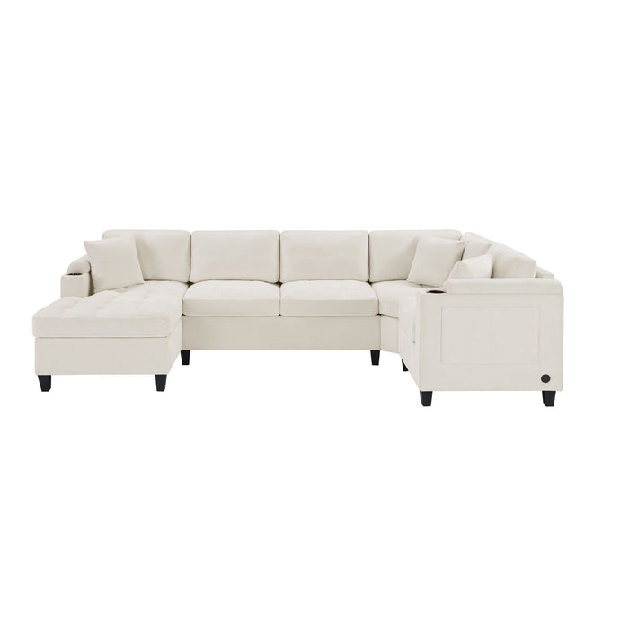 U Shaped Sectional Sofa, Corner Living Room Couch With Built In Cup Holders, Storage, USB Ports