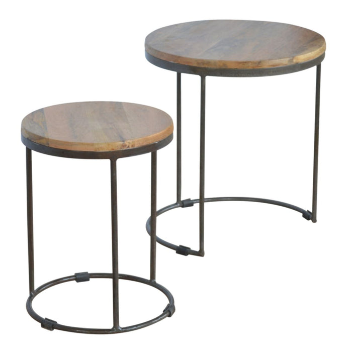 Round Stool Table With Iron Base (Set of 2) - Brown / Black