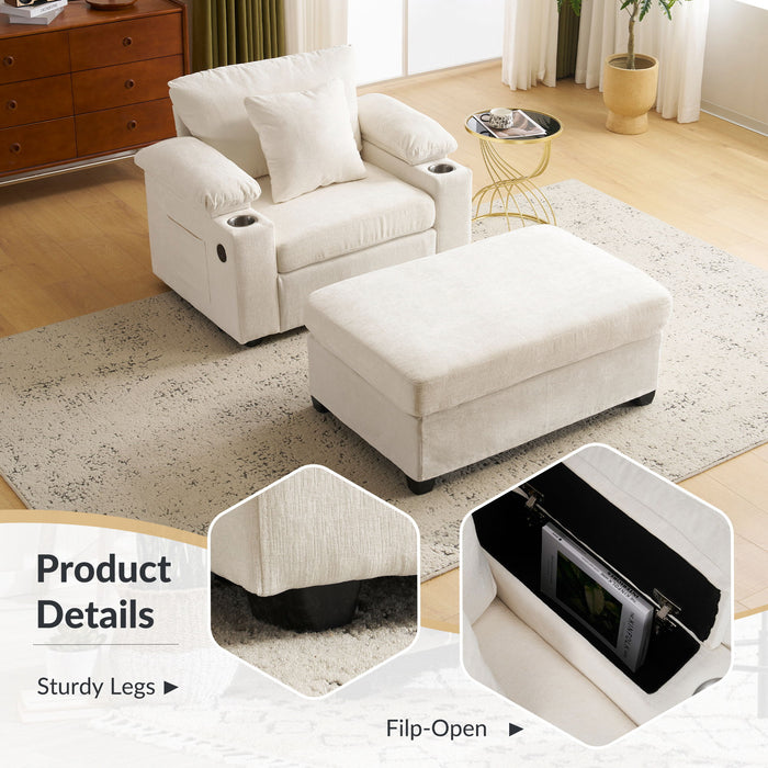 Chenille Fabric Sofa Bed With Cupholders And USB Charging Ports Chair For Living Room