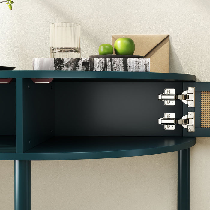 Boho Rattan Semi Circle End Table With Sliding Rattan Door, Storage And Bottom Shelf