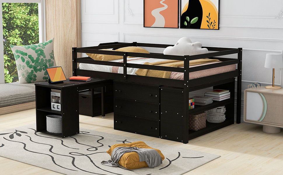 Loft Bed With Retractable Writing Desk And 3 Drawers With Storage Stairs And Shelves