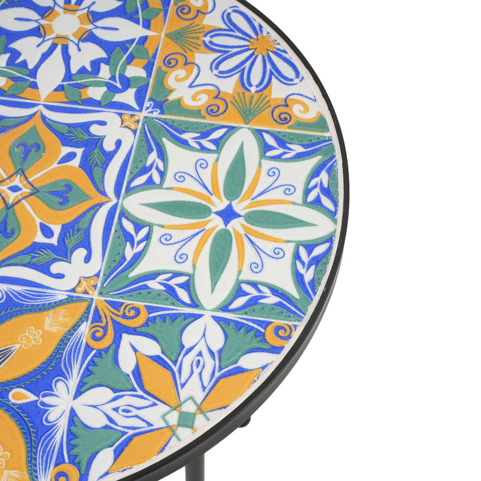 French Country Patio Side Table With Vibrant Tile Top