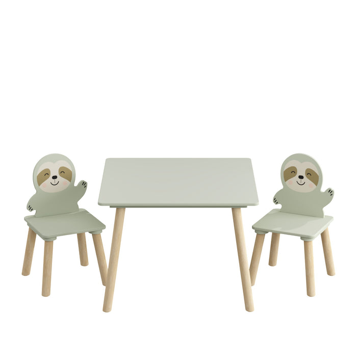 Sloth Themed Table And Chair Set With 2 Cute Animal Chairs - Natural Wood / Sage Green