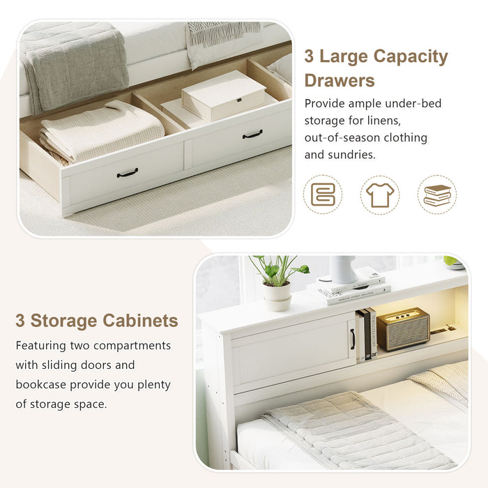 Twin Size L - Shaped Captain Bed With Drawer And Bookcase, LED Downlight And USB Charging Station - White