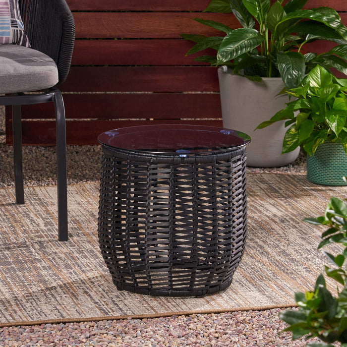 Boho Arias - Side Table With Tempered Glass Top And Rattan Wrap