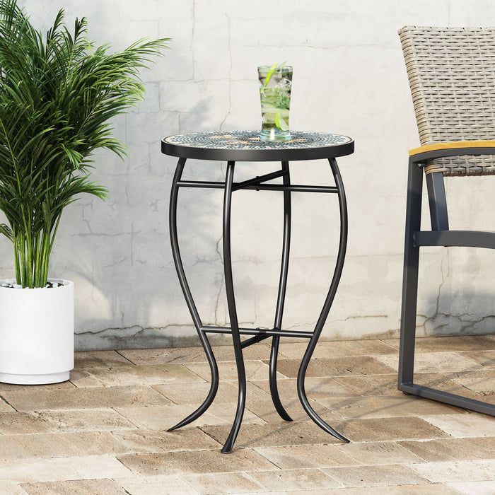 Outdoor Side Table With Tile Mosaic Table Top - Black