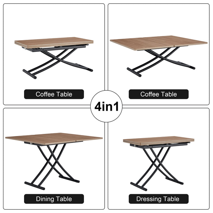 Modern Minimalist Multifunctional Lifting Table, Wood Grain Cra Feet Sticker Desktop, Black Metal Legs. Paired With 4 Faux Leather Upholstered Dining Chairs With Black Metal Legs