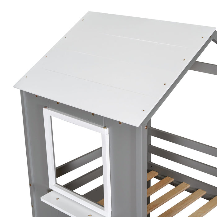 Bunk Bed Wood Bed & Roof, Window, Guardrail, Ladder